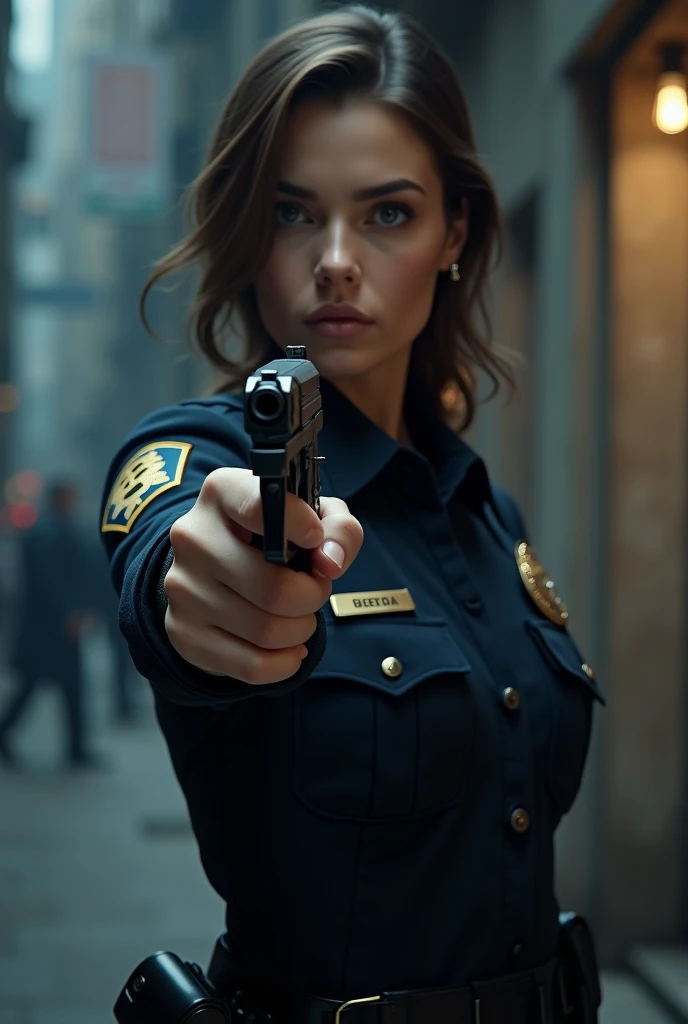 A female police officer holds her Beretta styled pistol