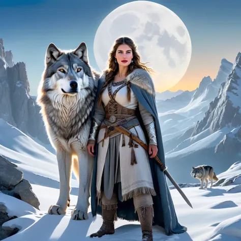 A warrior dressed in simple traveler’s clothes in a snowy mountainous landscape. She stands beside an imposing gray wolf, their eyes meeting in a moment of deep connection. In the sky, the full moon illuminates the scene as a silver glow begins to emanate ...