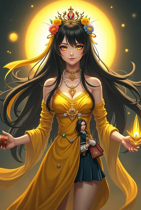 There was a girl who had a goddess on one side of her body and  the other side of her body is school girl .   She has long black hair.    The hair on the side where the deity is seen is yellow.   They are decorated with flowers and yellow ribbons.  She is ...