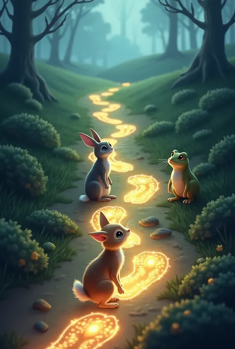 "Shimmering, glowing footprints appearing on the ground, leading into the countryside. The cat, rabbit, and frog look excited as they start to follow the trail."