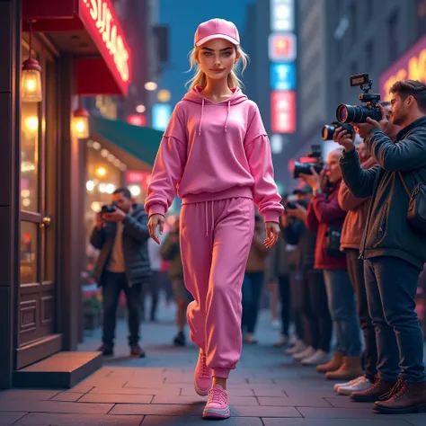 Skinny young white woman  , platinum blonde hair tied , blue eyes ,pink sweatshirt , Pink sweatpants  ,pink sandals , in a pink cap,  with her staff walking down New York Street at night  ,  going and entering the door of a restaurant ,  and several papara...