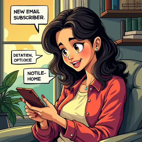 comic book art woman at homev  holding a phone with “New Email Subscribers” notifications floating around