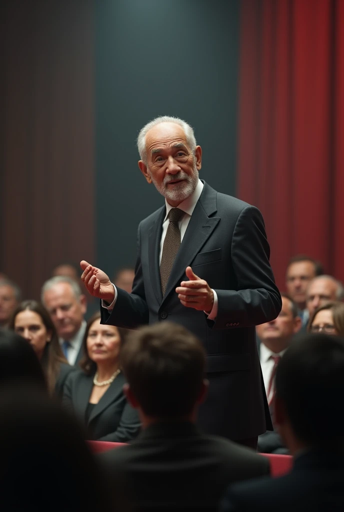 Create an old man ,  speaking to several people on a stage ,  the front camera is at a wide open angle.  The man is elegant and very well dressed , very realistic image, almost human .