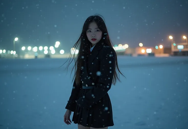 night time, flirty 20 year old Korean girl wearing a black Japanese school uniform, on the snowy tarmac of a US air force base, snowy Christmas scene, wide angle lens photo