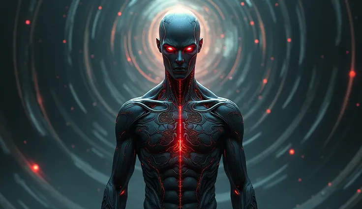  biotechnology , anatomy, Diagram, Maze pattern to be published,  humanoid, Dark World, 宇宙に多くの humanoid, Celestial Waves,（Light rays from the eye） space,  facing forward, Red light from the eyes