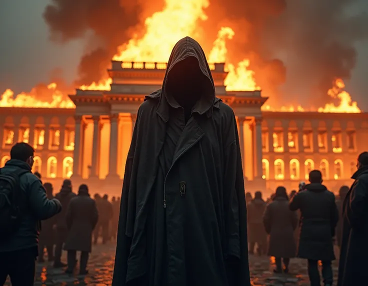 A dead man in a cloak at a rally in front of a burning government building in Kiev