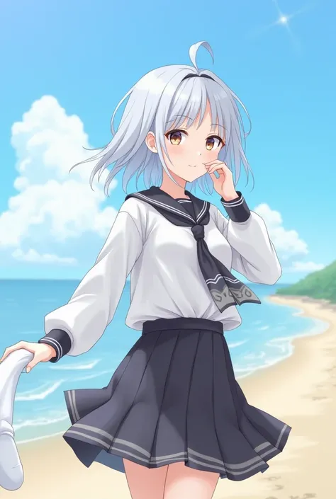 ((masterpiece)), (( top quality)), (( high definition )), (( Highly Detailed CG Unity 8K Wallpaper)), Alone,  Tachibana Kanade ,  Promenade near Tan School Uniform,  black skirt,  holding white socks ,  outdoor, face, Curtain Hair,  beach , Parting,  Silve...