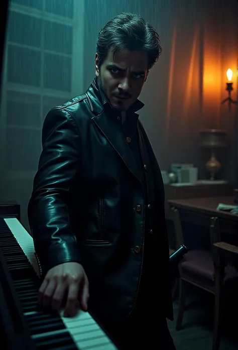 stands at the piano and presses the keys with one hand, a man in a dark room, suited figure whit beretta gun, film noir style, Hawaiian shirt, leather black jacket, flashlight to the camera, dramatic lighting, high contrast, moody atmosphere, cinematic com...