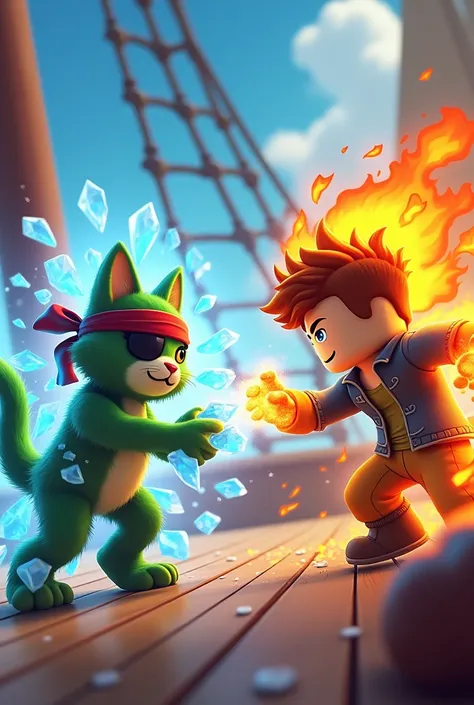 Make a pirate green cat with ice powers fighting a human with fire powers on a ship being characters from Roblox 