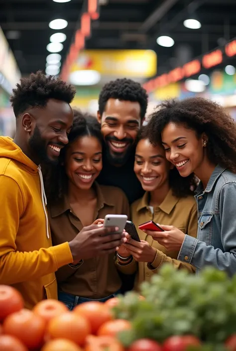 afro amécains, maroccains, blanc hommes et femmes joyeux devant une application mobile de commande de nourriture dans un super marché