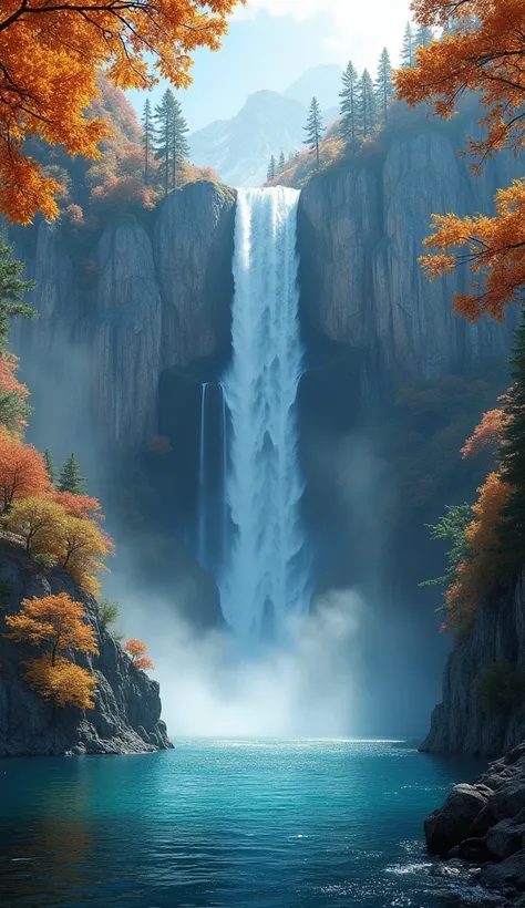  high image quality、8k、Majestic Waterfall、Deep Valley 、Blue Lake、Lush forest、 fall leaves for vaginal discharge、Sunlight shines、 Fantastic Scenery 、 Digital Art 」