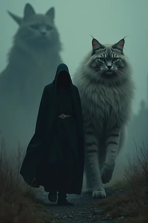 A man dressed in black robes walks with an enormous giant angora cat walking alongside