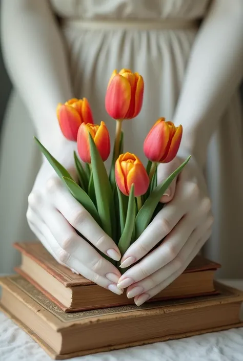 Wallpaper of white hands with short nails holding old books and with some tulips between the books 