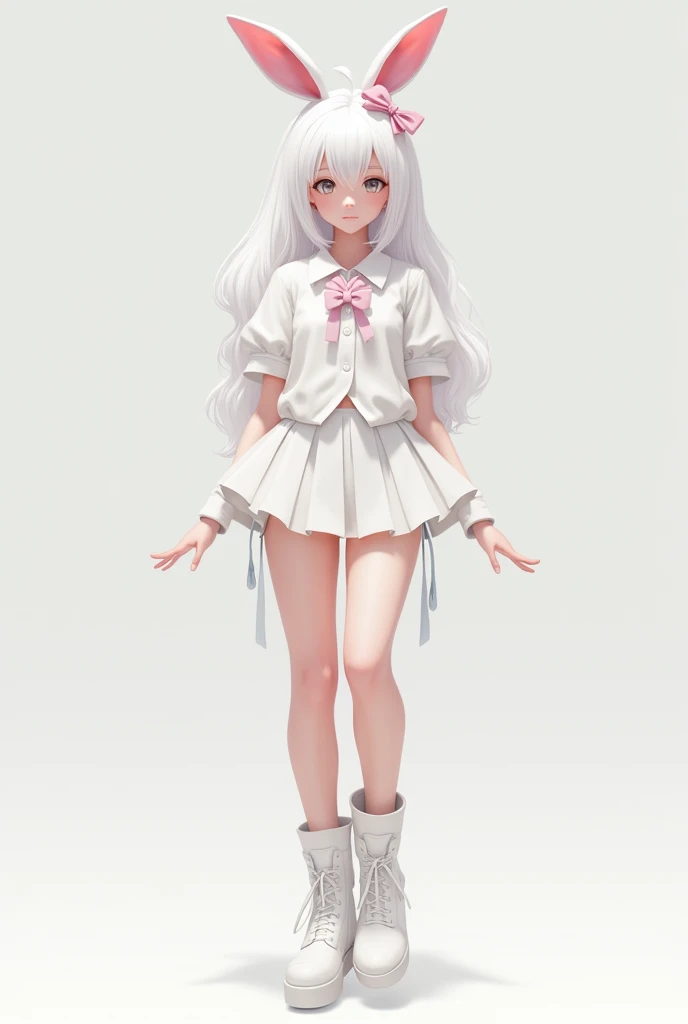 A character with slightly real features of white skin and white hair wearing a bunny ear accessory and a pink bow on her head with a short white skirt and a white shirt and white boot 