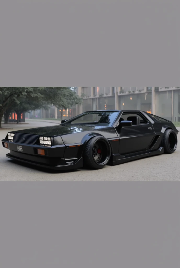 Futuristic 80s , It looks like a Lamborghini reflective black sports car mixed with a Delorean with black lanterns