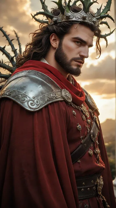 A poignant and emotionally charged scene featuring a man with long, wavy brown hair and a well-groomed beard, wearing a cream-colored tunic with a flowing red mantle draped over one shoulder. A crown of thorns rests upon his head, symbolizing sacrifice and...