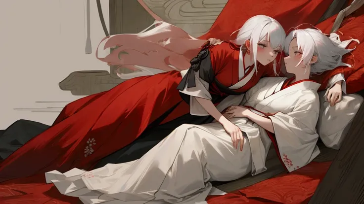 A red-haired female character wearing a Japanese dress is holding her dying white-haired brothers body in her arms.