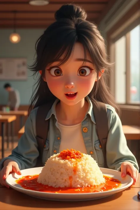 Create an avatar video of a female student eating kiring chili sauce with rice interestingly 