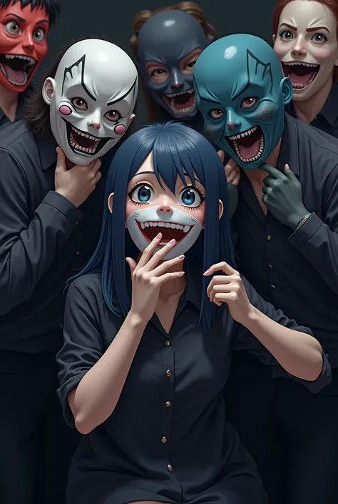 People taking off their anime-style Halloween masks
