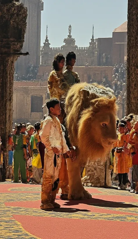 In a majestic arena, a beautiful baby parades majestically with his great Lion 