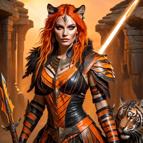 A female sexy warrior with feline traits, including orange and black stripes on her skin. Her eyes are bright and intense like a tigers, and she has sharp claws on her hands. She wears a light armor made of leather and metal, with a cloak resembling tiger ...