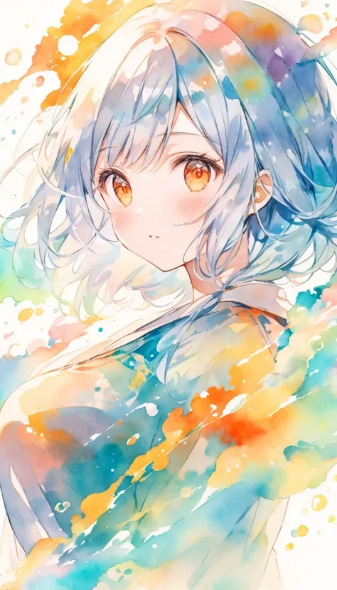  Double Exposure :1.2,Kaleidoscopic:1.2,Water Background,  1 adult woman,  Silver Hair, Orange eyes,  big breasts, pastel, Watercolor:1.2,  shines brightly,