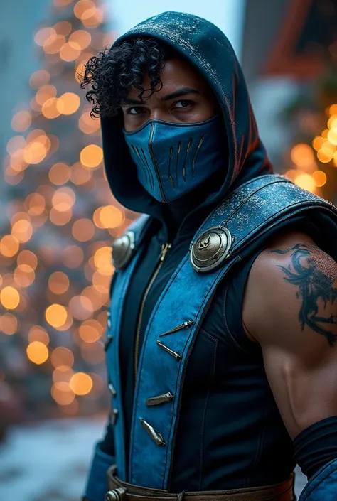 Make a curly-haired and very thin mixed-race man who shows his whole body in the Sub Zero costume from Mortal Kombat next to a giant Christmas tree