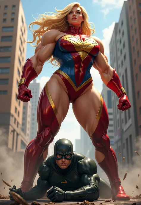 Blonde superheroine, exaggerated muscles, large breasts, red gold and blue costume, standing next to a shrunken and defeated supervillain in black and green 