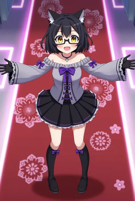 Appearance: The character is a young female figure who is stretching out her arms in an anime style with short, dark hair adorned with cat ears. She has large, expressive yellow eyes, accented by stylish black glasses. She wears an outfit with a detailed f...