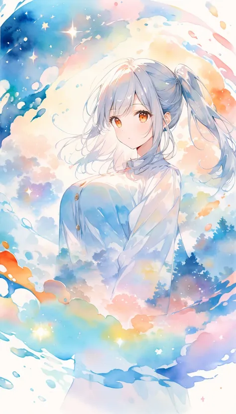 Double Exposure :1.2, Double Exposure を追加:1.2,Kaleidoscopic:1.2,Water Background,  1 adult woman,  Silver Hair, Orange eyes,  big breasts, pastel, Watercolor:1.2,  Clear ,  shines brightly,kaleidoscope, 