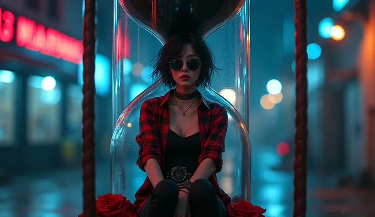 Create an artistic arafed of a female korean male sit inside the glass of the sand clock with black sand and roses outfit as the reference photo: a red plaid button-up shirt over a black undershirt, paired with black pants. The rocker should have a rugged ...