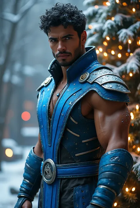 Make a mixed-race man with curly hair and very thin and that your whole body (From head to toe )  in the Sub Zero costume from Mortal Kombat next to a giant Christmas tree