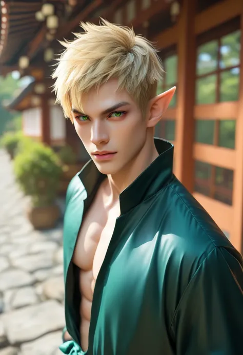 Male elf, photoreaistic, sanzo priest, fair skin, (((short blonde hair))), green eyes, black eyeliner, pointy ears, strong, fit. Wearing loose white kung fu jacket over black bodysuit.  Japanese village background. Casual pose. High angle view.