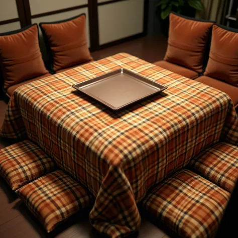 A square table covered with a warm thick plaid quilted futon so much that it sticks out onto the floor、A square top plate the size of an entire table is placed on top of it