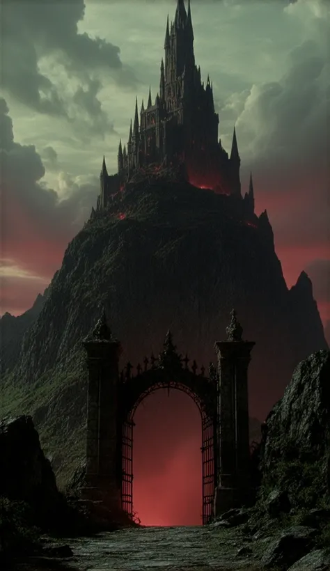 DVD screengrab, from a 1982s dark fantasy film. Retro in color. featuring A towering citadel perched atop a jagged mountain, surrounded by swirling, dark clouds. Massive broken gates stand open, welcoming no one, and the cobblestone streets below are choke...