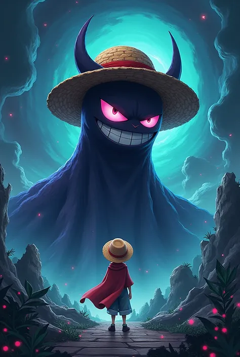  Make a horizontal wallpaper ,  containing the start of old Windows , to the Pokémon Gengar ,  for the straw hat worn by Luffy ,  to the helmet worn by a character from Genshin Impact named Capitano