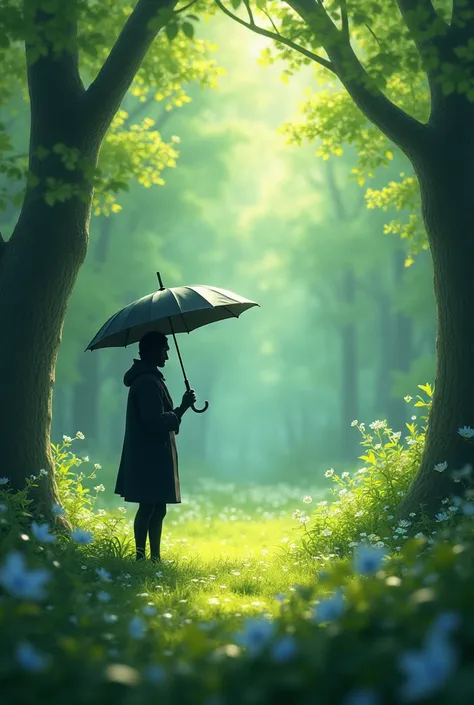 A forest in spring with a black umbrella 
