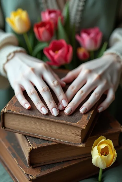 Wallpaper of white hands with short nails holding some old books and with some tulips adorning the pages 