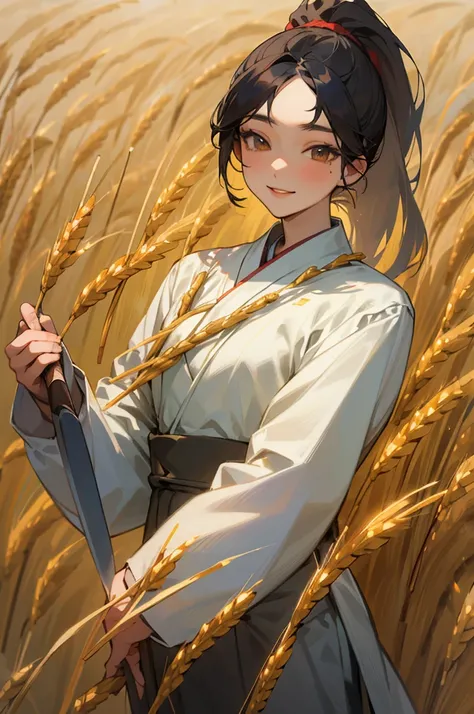 Korean woman, (masterpiece, beautiful person, polluted smile), doing farm work in the country, (being (cutting wheat: 1.4)), fertilizing, weeding, plain face, no makeup, country girl, ponytail, detailed skin texture, detailed cloth texture, fine and detail...