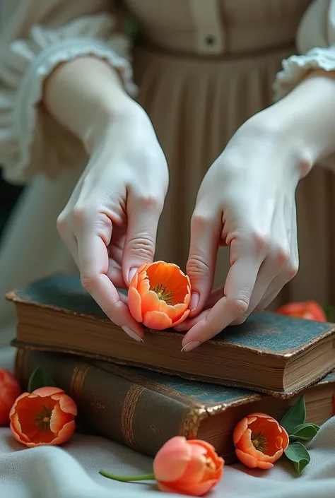 Wallpaper of white hands with short nails holding some old books and with some tulips adorning the pages 