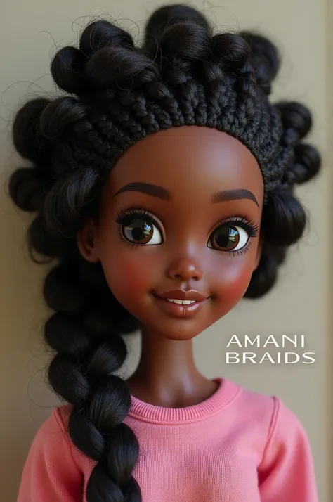 Create a realistic image that has the name Amani braids and a realistic doll with afro braids