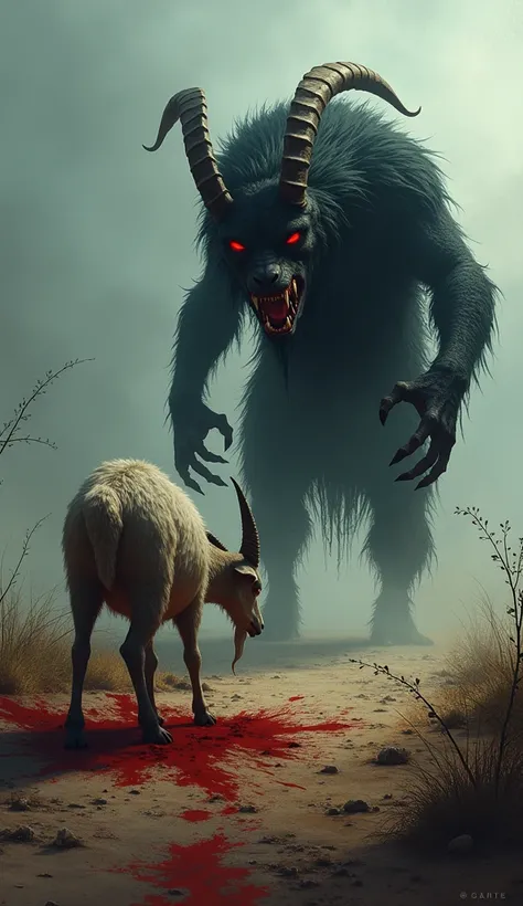 Illustration of the Chupa Cabra attacking a goat in a desolate field, with visible blood marks and a dense atmosphere of mystery and fear.