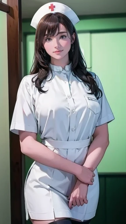   there are nurses in nurse uniforms in hospitals  、  dark prison with black stockings 、 big breasts covered  、  long hair、   thin waist 、   Big Chest in a Temple  、  smiles gently