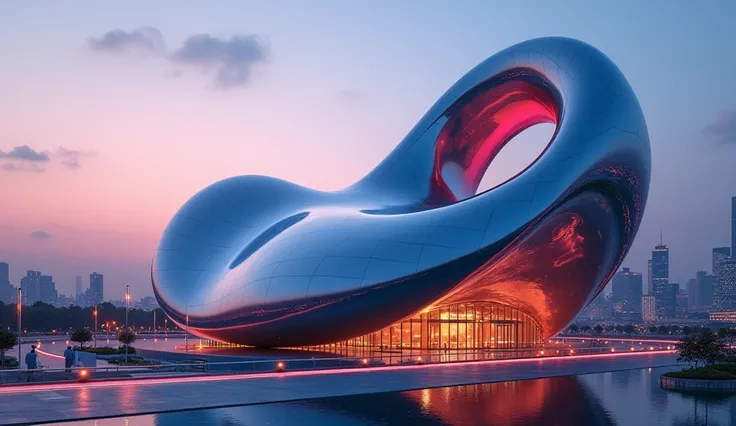 A futuristic, sleek, and minimalist building in the shape of a giant, stylized pinaple, , with a gleaming glass and metal exterior, set against a backdrop of a vibrant, cityscape at dusk, with neon lights reflecting off the buildings surface, and a subtle,...