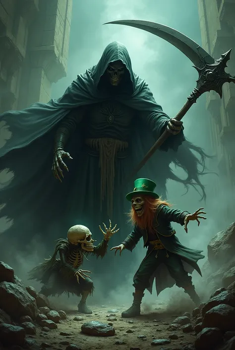 A Reaper beating a leprechaun and a skeleton