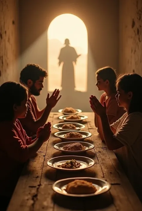  A family in extreme poverty is gathered in a small simple room ,  with walls empty plates and plates on a frayed wooden table . holding hands, they pray with fervor , thanking God,  even in the face of lack . In the background,  a figure of God appears in...