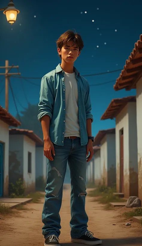 A realistic image of a young man named Tiago, around 20 years old, with short straight brown hair, fair skin and brown eyes. He wears a light blue shirt, faded jeans and dark sneakers. Tiago is standing on a dirt street in São Vicente, Minas Gerais, surrou...