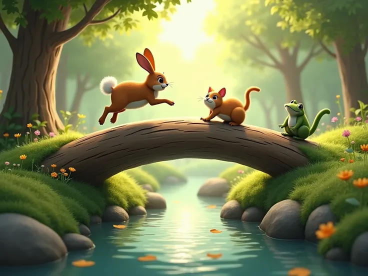 "A large fallen tree trunk across a narrow stream. The rabbit leaps over it gracefully while the cat balances on top, and the frog waits on the other side, cheering them on."