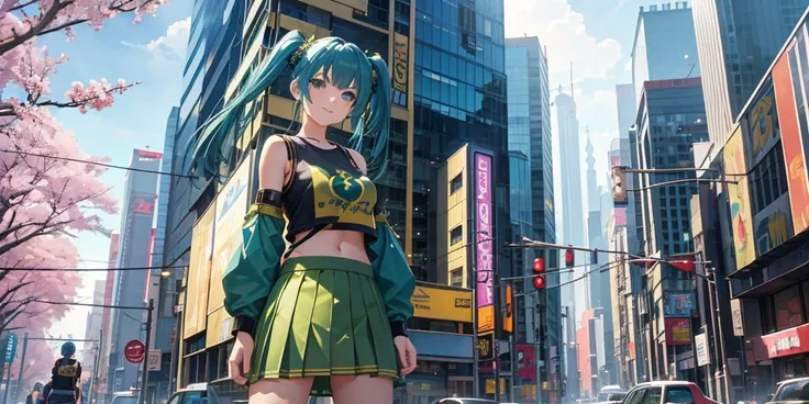  Solo Beautiful Twintail Blue Haired  , Green Eyes wearing  Green Short T-shirt motive with Military Symbol  Gold Colored and Short Skirt with smile evil expression character , Focus her Upper Body , positioned on the right side of the image , with Scenery...