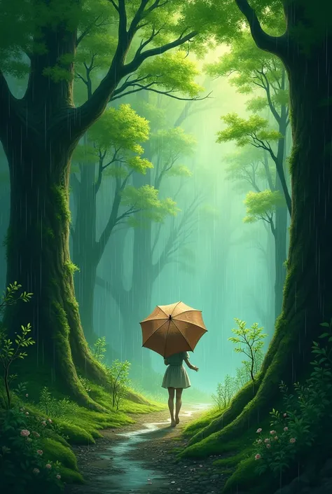 A forest in spring with rain with an umbrella falling.
